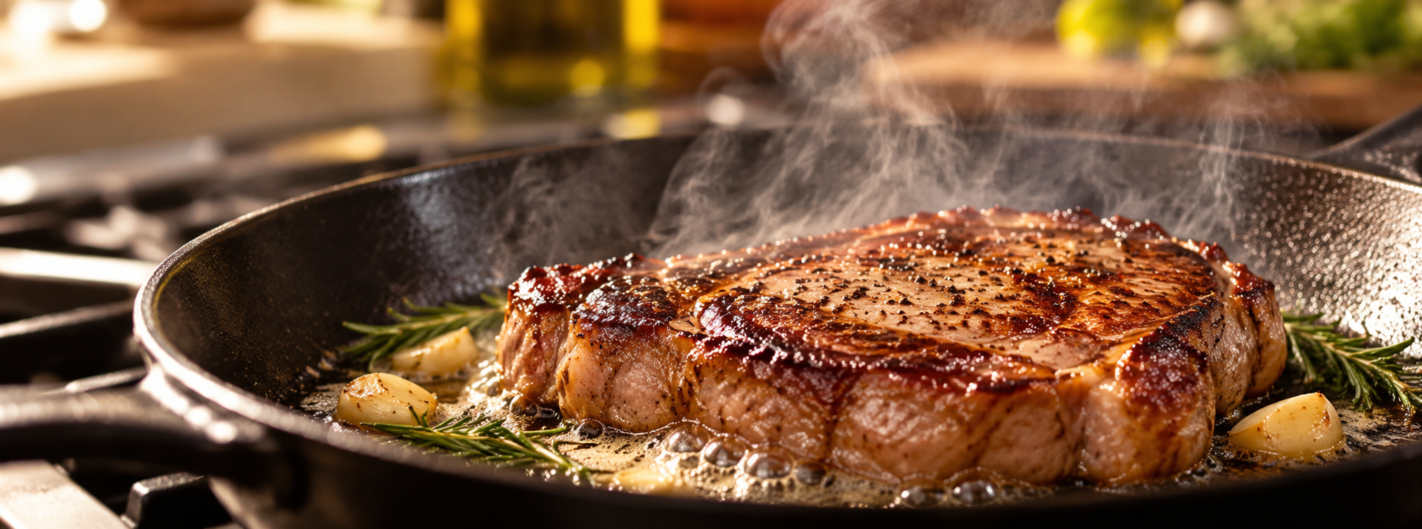 Steak cooking in pan